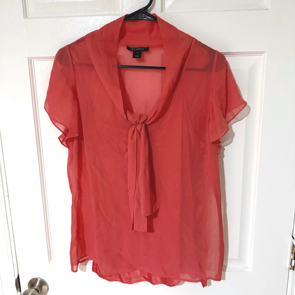 St. John Womens Coral Silk Blend Tie Neck Flutter Sleeve Blouse Top Size 10